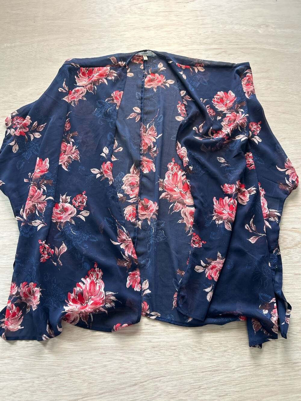 Maurices Navy Blue Pink Floral Chiffon Open Front Kimono Cover Up One Size